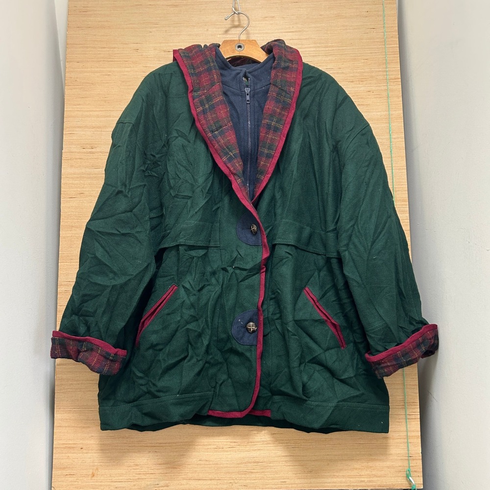 Herman Kay Vintage Forest Green Plaid Lined Hooded Bib Jacket Oversized Mens XL
